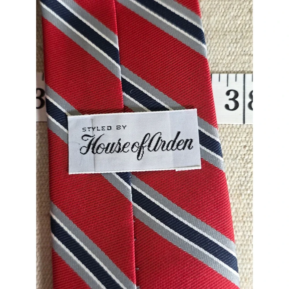 House of Arden Mens Red Navy Blue Silver Striped Silk Blend Necktie 2855
